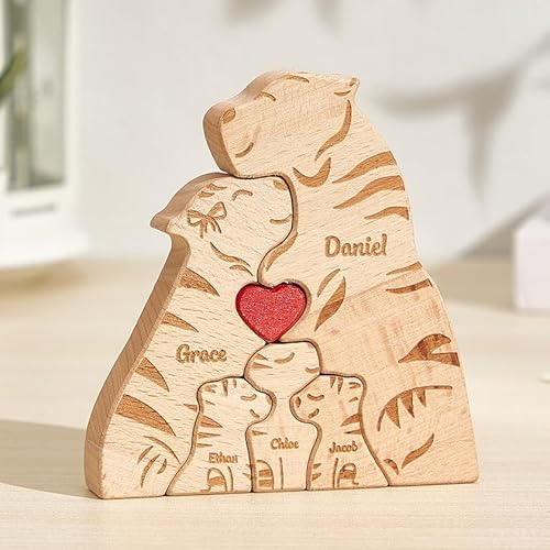 VEELU Personalisiertes Holzkunstpuzzle der Tigerfamilie mit 3-6 Namen| Holz Bär Skulpturen Desktop Ornament Home Tischdekoration, Geschenk für Familie, Muttervatertag Geburtstag von VEELU