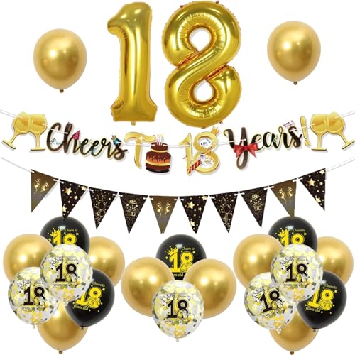 VEGCOO 18 Geburtstag Deko,23Pcs 18th Geburtstag Dekorationen Kit 18th Black Gold Ballons für Party Dekorationen 18th Geburtstag Banner und Riemen für Frauen Männer von VEGCOO