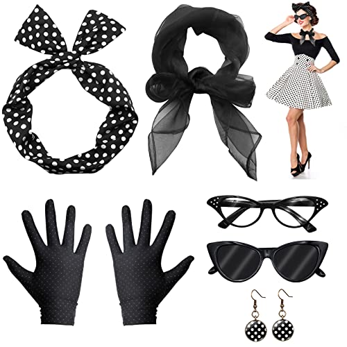 VEGCOO Accessoires 50er Jahre, Damen, 6 Stück, Kostüm der 1950er Jahre, gepunktet, Schal, Handschuh, Ohrschlaufe, Stirnband, Brille, für Karneval Party (schwarz) von VEGCOO