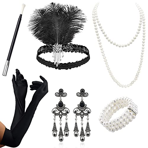 VEGCOO Zubehör Jahr 20 Damen, 6 Stück, Zubehör Gatsby Kostüm Set Charleston Damen Zubehör für Maskerade Halloween Weihnachten (Silber) von VEGCOO