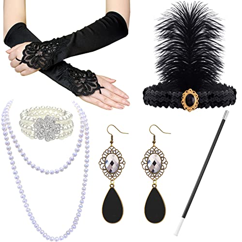 VEGCOO Zubehör für das 20er Jahr Damen, 6-teiliges Gatsby-Zubehör, Kostüm-Set, Charleston, Zubehör für Damen, für Maskerade, Halloween, Weihnachten (Schwarz - 2) von VEGCOO