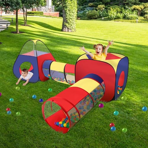 3 in 1 Kinderspielzelt, Pop-up Zelt mit Kriechtunnel, zusammenklappbarer Baby-Ballkorb Basketballkorb Indoor Outdoor Garten Spielhaus, Spielzeug Geschenke von VELGXVYF