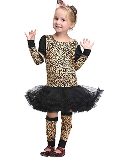 VENI MASEE Mädchen Leopard Dschungel Gepard Tier Cosplay Party Abendkleid Halloween Kostüm Set S-XL von VENI MASEE