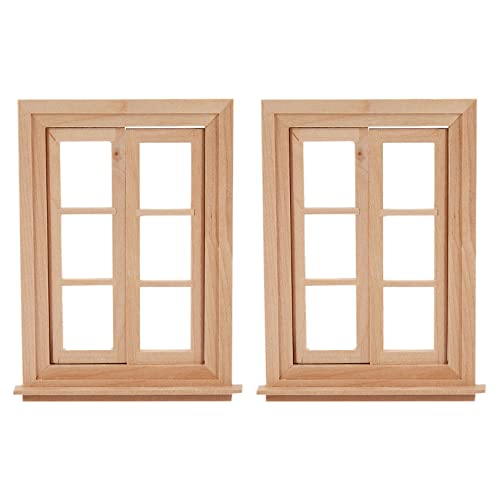 VENOAL 2 x Miniatur-Doppelfensterrahmen aus Holz mit 6 Scheiben und Glasplatte, Puppenhaus zum Selbermachen, Doppelfensterzubehör von VENOAL