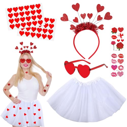 VEQENIFY Amor-Kostüm Karneval Kostüme Amor Set Amor Kostüm Damen Valentinstag Herz Stirnband Pailletten Amor Set mit Herzbrille Weiß Tutu Rock Herzsticker Gesichttattoos für Valentinstag Karnevalparty von VEQENIFY