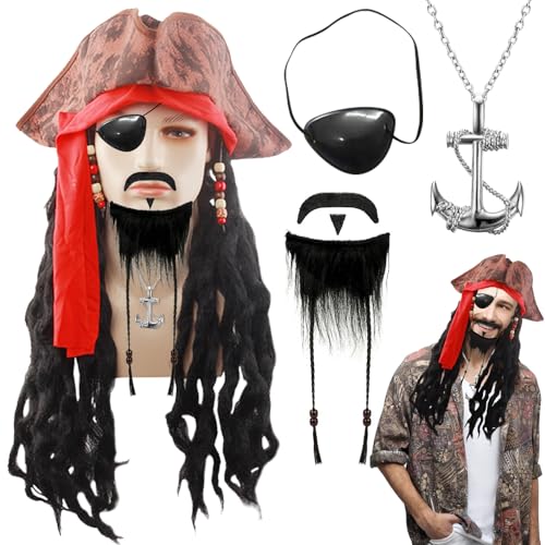 VEQENIFY Piratenhut 6 Stück Pirate Accessories Piratenkostüm Piraten Hut Piratenhut Herren Piratenkostüm Zubehör Pirat Accessories mit Piratenhut Piraten Perücke Piraten Schmuck Augenklappe Pirat von VEQENIFY