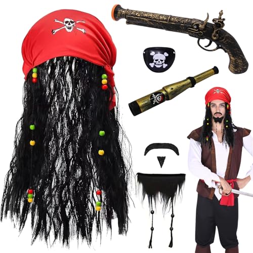 VEQENIFY Piraten Kostüm Erwachsene 7 PCS Piraten Kostüm Erwachsene Piratenkostüm mit Piraten Perücke Schnurrbart Herren Piratenkapitän Bandanaaugenklappe Zubehör für Karneval Halloween Cosplay Party von VEQENIFY