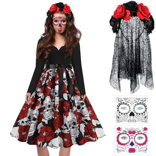 VEQENIFY Tag Der Toten Kostüm Damen Rockabilly Kleid Damen Totenkopf Drucken Langärmeliges V-Ausschnitt Ballkleid Kleid Dia De Los Muertos Kostüm Gothic Totenkopf Tag Der Toten Kostüm von VEQENIFY