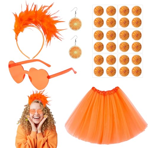 VEQENIFY Tüllrock Orange Karneval Kostüm Damen Tüllrock Orange damen Herz Sonnenbrille Ohrringe Orange Feder Kopfschmuck und 24 Orange Aufkleber Sticker für Halloween Fasching Karneval Party von VEQENIFY