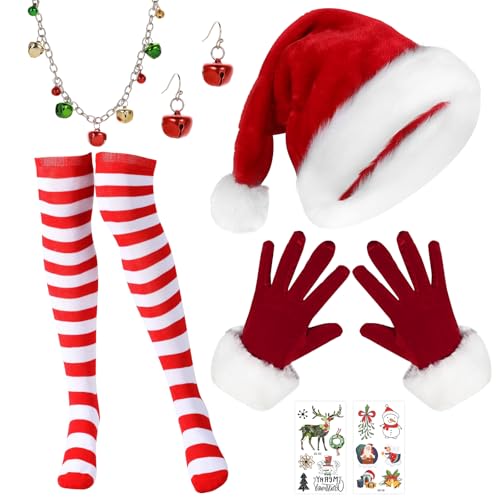 VEQENIFY 7 Stück Weihnachtskostüm Damen Weihnachtsmann Kostüm Damen Weihnachtsmütze Weihnachtsstrümpfe Weihnachtskostüm Weihnachtsmann Kostüm Weihnachtskostüm Set für Weihnachten Cosplay Party von VEQENIFY