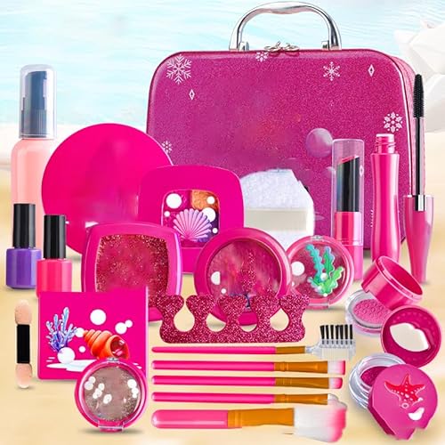 Kinderschminke Set Schminkkoffer Mädchen, Kinder Make Up Set Mädchen Spielzeug, Kinder Rollenspiel Schminke Spielzeug, Geburtstag Weihnachts Geschenke für Mädchen 4 5 6 7 8 9 10 Jahre(Rosenrot) von VEUWOLM