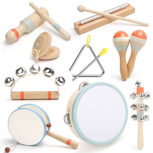 Musikinstrumente für Kinder, Kinderspielzeug ab 3 Jahre, Montessori Spielzeug, Holzspielzeug Baby Schlagzeug Kinder Trommel, Percussion-Instrumente Set, Geschenkideen für Jungen Mädchen 3+(10 in 1) von VEUWOLM