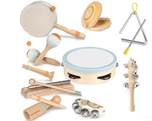 Musikinstrumente für Kinder, Kinderspielzeug ab 3 Jahre, Montessori Spielzeug, Holzspielzeug Baby Schlagzeug Kinder Trommel, Percussion-Instrumente Set, Geschenkideen für Jungen Mädchen 3+(10 in 1) von VEUWOLM