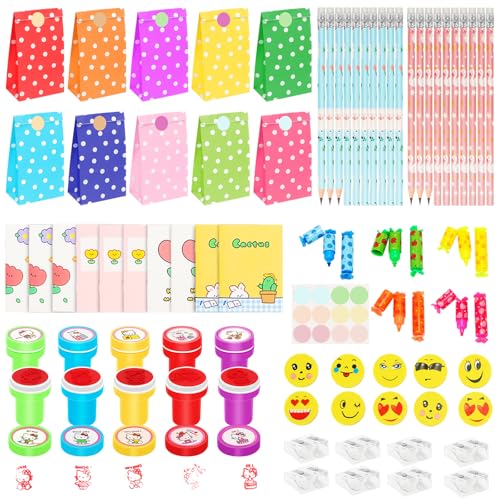 Party Geschenke für Kinder, 78Pcs Bleistift-Schreibset, 20 HB-Bleistifte, 10 Notizbücher, 10 Dichtungen,10 Bonbonstifte, 10 Stempel, 8 Doppelspitzer, 10 Smiley-Radiergummis, Geschenk für Mädchen von VEUWOLM