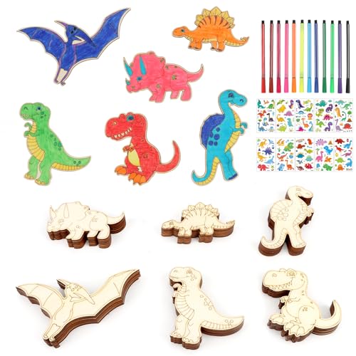 VEUWOLM 58 Sätze Holz Dinosaurier Windspiel Bastelset, 6 Stile, 36 Stück Holz Dinosaurier für Kinder Party, 10 Stück Dinosaurier Aufkleber Kindergeburtstag, mit 12 Buntstift, Dinosaurier Deko Set von VEUWOLM