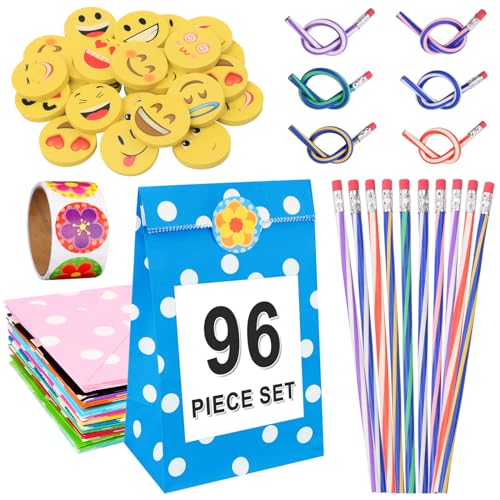 VEUWOLM 96 Stück Bleistift-Set für Kinder, 24 Stück Bunt biegsame Bleistifte + 24 Stück Radiergummis + 48 Stück Papiertüten Kraftpapiertüten mit Aufkleber von VEUWOLM