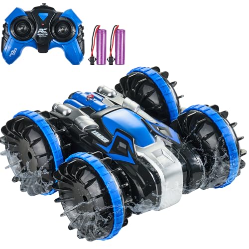 VEVOR Amphibienfahrzeug Ferngesteuertes Auto, 2,4 GHz, 12 km/h, 4WD wasserdichtes RC-Auto für Kinder, 360° drehbares Stunt-Auto mit 2 Batterien, Off-Road Spielzeugauto für Kinder ab 6 Jahren, Blau von VEVOR