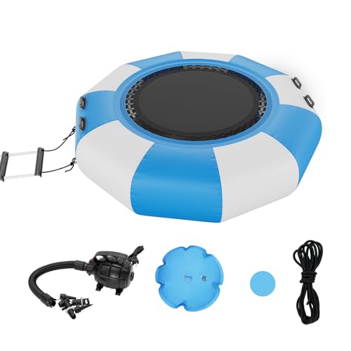 VEVOR Aufblasbarer Wassertrampolin mit Leiter, wasserdichte, Abriebfeste, Wassertrampoline 1,98 m Großen Sprungfläche, Sprungplattform-Wasserpark Pool Trampolin, Blau + Weiß 185 kg Tragfähigkeit von VEVOR