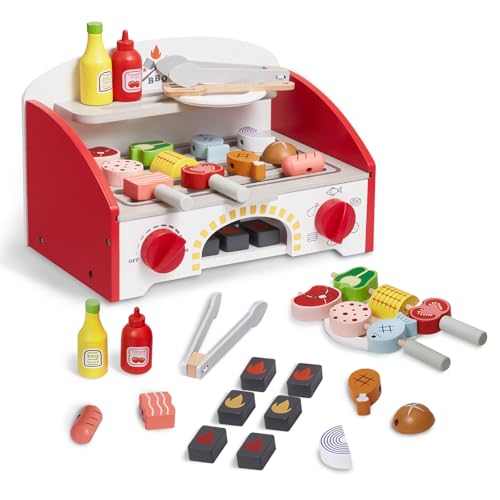 VEVOR Grill-Spielset für Kinder, Holzgrill-Spielset mit realistischem Kohlenfeuer, Küchenzubehör aus Holz zum Spielen von Lebensmitteln (26-teilig), Rollenspielspielzeug für Kinder ab 3 Jahren von VEVOR