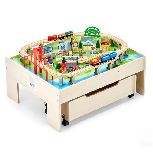 VEVOR Holz Aktivitätstisch, 100-teilig, Eisenbahntisch mit rollender Schublade, 3-in-1-Holzeisenbahn-Set zum Spielen, Malen, Lesen, Essen, kreatives Spielzeug-Set für Kinder ab 3 Jahren VEVOR Holz Aktivitätstisch, 100-teilig, Eisenbahntisch mit rollender Schublade, 3-in-1-Holzeisenbahn-Set zum Spielen, Malen, Lesen, Essen, kreatives Spielzeug-Set für Kinder ab 3 Jahren von VEVOR