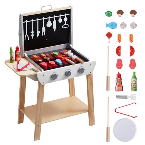 VEVOR Holzgrill-Spielzeug, Kindergrill-Spielset mit Spiellebensmitteln & Grillwerkzeugen, Küchenzubehör aus Holz für Spiellebensmittel (21-teilig), Rollenspiel für Kinder ab 3 Jahren von VEVOR