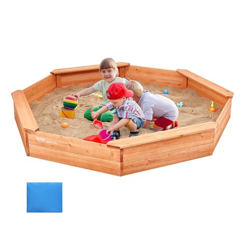 VEVOR Holzsandkasten mit Abdeckung, achteckiger Sandkasten, Sandgrube mit 4 Sitzplätzen & Bodenauskleidung, Kindersandkasten für den Garten, Geschenk für Jungen & Mädchen im Alter von 3–12 Jahren von VEVOR