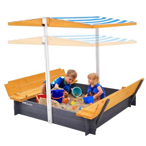 VEVOR Holzsandkasten mit Überdachung, Sandkasten, Sandgrube mit klappbaren Sitzbänken und Bodeneinlage, Naturholz-Sandkasten für Kinder für den Garten, Geschenk für Kinder im Alter von 3–12 Jahren von VEVOR