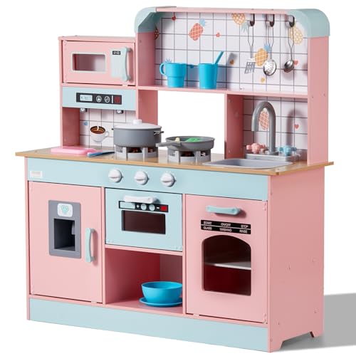 VEVOR Kinderküchen, Spielküche mit Lichtern und Geräuschen, Kleinkinderküche mit Eismaschine, Ofen, Spüle, Mikrowelle, Kühlschrank und Utensilien- und Obstzubehör für Kleinkinder ab 3 Jahren, Pink von VEVOR