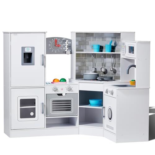 VEVOR Kinderküchen 24-teilig, Eck-Spielküche mit Lichtern & Geräuschen, Kleinkinderküche mit Eismaschine, Backofen, Spüle, Uhr, Mikrowellen, Kühlschrank & Zubehör, für Kleinkinder ab 3 Jahren, weiß von VEVOR