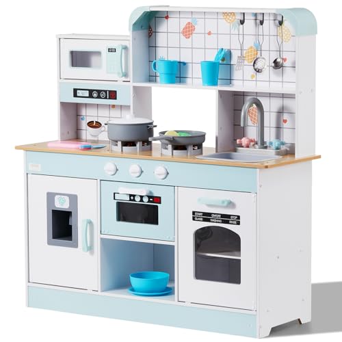 VEVOR Kinderküchen 24-teilig, Spielküche mit Lichtern, Geräuschen, Kleinkinderküche mit Eismaschine, Ofen, Spüle, Mikrowelle, Kühlschrank, Utensilien- & Obstzubehör für Kleinkinder ab 3 Jahren, weiß von VEVOR