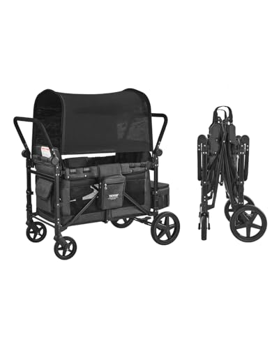 VEVOR Kinderwagen für 4 Kinder, Push-Pull-Reisebuggy mit verstellbarem Griff, Sicherheitsgurt und abnehmbarem Verdeck, 4-Sitzer-Bollerwagen für Camping, Dunkelgrau und Schwarz (150 kg Tragkraft) von VEVOR