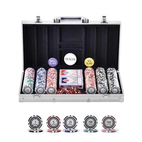 VEVOR Kunststoff Pokerchip-Set, 300-teiliges Pokerset, Komplettes Pokerspielset mit Alu-Pokerkoffer, Karten, Knöpfe und Würfel, Komplett Set 7-8 Spieler für Texas Hold'em, Blackjack, Glücksspiel usw. von VEVOR