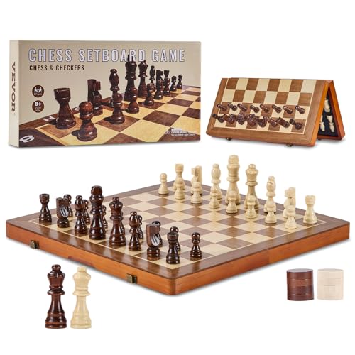 VEVOR Magnetisches Schachspiel aus Holz, 2-in-1 Schach-Dame-Spielset, Klappbare Schachbrettspiele für Erwachsene & Kinder, Tragbares Reisegeschenk-Schachspiel für Turniere, Professionelle Anfänger von VEVOR