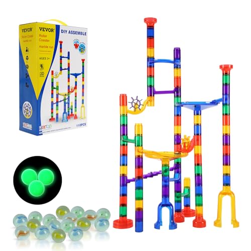 VEVOR Murmelbahn-Set 110-teiliges Murmellabyrinth-Baustein-Denkspiel, mit 10 im Dunkeln leuchtenden Murmeln + 20 Glasmurmeln, pädagogisches Lernrennbahn-Mint-Spielzeug, für Kinder ab 3 Jahren von VEVOR