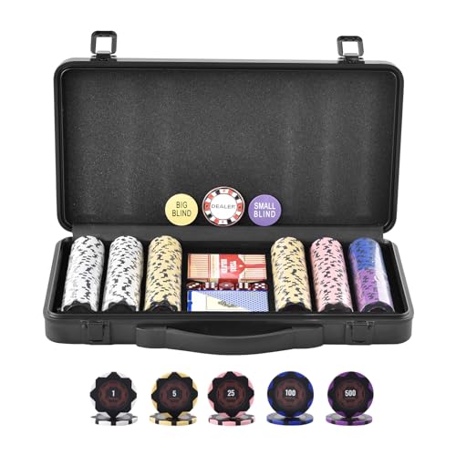 VEVOR Pokerchip-Set, 300-teiliges Pokerset, Clay Komplettes Pokerspielset mit ABS-Pokerkoffer, Karten, Knöpfe und Würfel, Komplett Set 7-8 Spieler für Texas Hold'em, Blackjack, Glücksspiel usw. von VEVOR