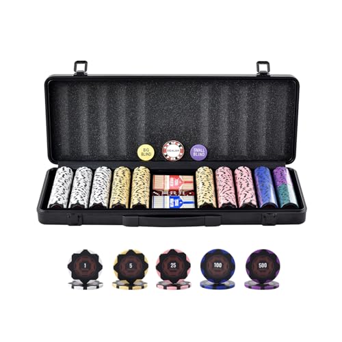 VEVOR Pokerchip-Set, 500-teiliges Pokerset, Clay Komplettes Pokerspielset mit ABS-Pokerkoffer, Karten, Knöpfe und Würfel, Komplett Set 9-10 Spieler für Texas Hold'em, Blackjack, Glücksspiel usw. von VEVOR