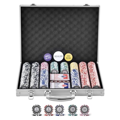 VEVOR Pokerchip-Set, 500-teiliges Pokerset, Kunststoff Komplettes Pokerspielset mit Alu-Pokerkoffer, Karten, Knöpfe und Würfel, Komplett Set 9-10 Spieler für Texas Hold'em, Blackjack, Glücksspiel usw. von VEVOR