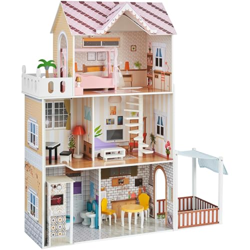 VEVOR Puppenhaus aus Holz, Puppenvilla-Spielset für Kinder, DIY-Traumvilla mit 3 Ebenen, 7 Spielbereichen & 15 Möbelzubehörteilen, Ideal für 30 cm große Puppen, Geschenk für Kinder ab 3 Jahren von VEVOR