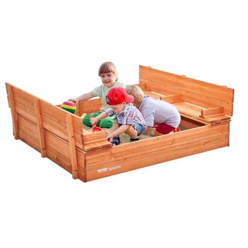 VEVOR Sandkasten aus Holz, 132 x 120 x 43 cm, Sandkasten mit klappbaren Sitzbänken und Bodeneinlage, Sandkasten aus Naturholz für Kinder für den Garten, Strand, Park von VEVOR