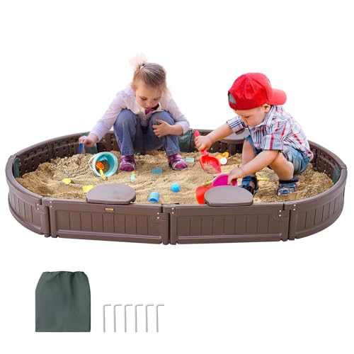 VEVOR Sandkasten mit Abdeckung, 183 x 105 x 23 cm, ovaler Sandkasten, HDPE-Sandgrube mit 4 Ecksitzen und Bodenauskleidung, Kindersandkasten für Garten, Strand, Park von VEVOR