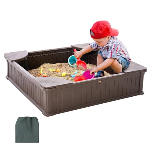 VEVOR Sandkasten mit Abdeckung, quadratischer Sandkasten, HDPE-Sandgrube mit 4 Ecksitzen & Bodenauskleidung, Kindersandkasten, Geschenk für Jungen und Mädchen im Alter von 3–12 Jahren, braun von VEVOR