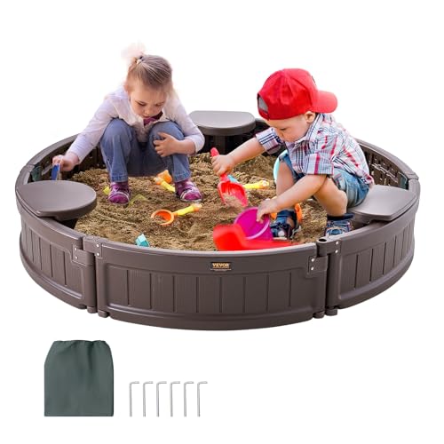 VEVOR Sandkasten mit Abdeckung, runder Sandkasten, HDPE-Sandgrube mit 3 Ecksitzen & Bodenauskleidung, Kindersandkasten für Garten, Strand, für Jungen & Mädchen im Alter von 3–12 Jahren, braun von VEVOR