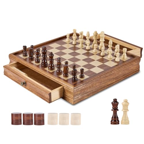 VEVOR Schachspiel aus Massivholz, 2-in-1 Schach-Dame-Spielset, 38 cm Schachbrettspiele mit Aufbewahrungsschublade & Schachfiguren, für Turniere, Profis und Anfänger von Erwachsenen & Kindern von VEVOR