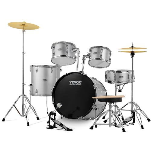 VEVOR Schlagzeug, 5-teilig, Drum in voller Größe mit Bass-Toms, Snare, Standtrommel, verstellbaren Thronständern, Becken, Hi-Hat-Pedal und Drumsticks, Anfänger-Schlagzeug, Silber von VEVOR