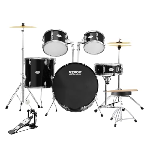 VEVOR Schlagzeug, 5-teilig, Drum in voller Größe mit Bass-Toms, Snare, Standtrommel, verstellbaren Thronständern, Becken, Hi-Hat-Pedal und Drumsticks, Anfänger-Schlagzeug für Erwachsene, schwarz von VEVOR