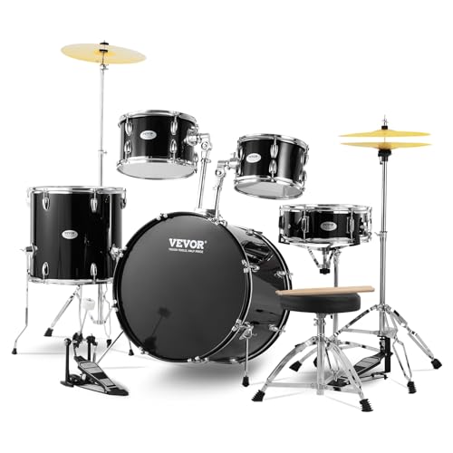 VEVOR Schlagzeug, 5-teilig, Drum in voller Größe mit Bass-Toms, Snare, Standtrommel, verstellbaren Thronständern, Becken, Hi-Hat-Pedal und Drumsticks, Anfänger-Schlagzeug für Erwachsene, schwarz von VEVOR