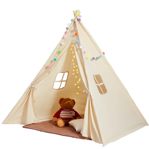 VEVOR Spielzelt Kinder, Tipi-Zelt für Kinder 1–5 Jahre, Kleinkinderzelt mit Matte und dekorativen Plüschbällen, Zelt für Kinder mit Fenstern für drinnen & draußen Beige von VEVOR