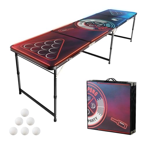 VEVOR tragbarer Beer Pong Tisch (240 x 60 x 52/70 cm), Beerpong Tisch mit Tragegriffen & 6 Pong-Bällen & LED-Beleuchtung, hoheneinstellbarer Heckklappentisch für Büro Reisen Camping von VEVOR