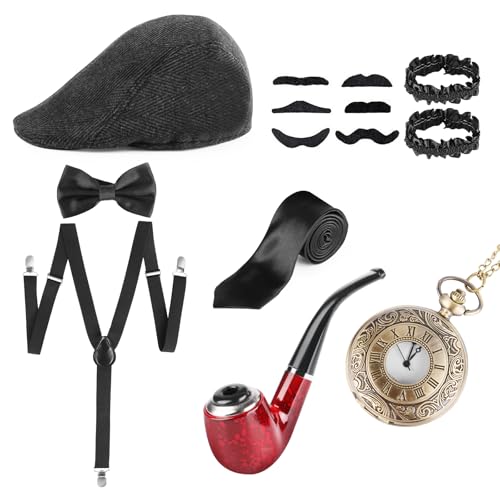 VFANDV 20er Jahre Herren Accessoires, 1920er Mafia Karneval Kostüm Herren, Ideal Kostüme Herren Hosenträger Herren Kostüm Set für Halloween & Partys von VFANDV