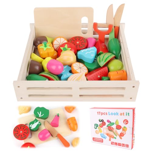 VFANDV Kinderküche, Küchenzubehör aus Holz Schneiden Obst und Gemüse Magnetisches Spielzeug Simulation Küchenspielzeug Kinder Rollenspiel Lernspielzeug Geschenk für Jungen und Mädchen von VFANDV